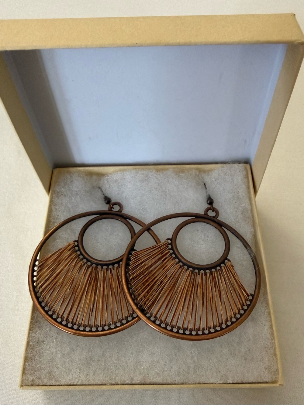 Like New (Worn Once) Handmade Boho Copper Handwoven Fringe Circle Hoop Earrings